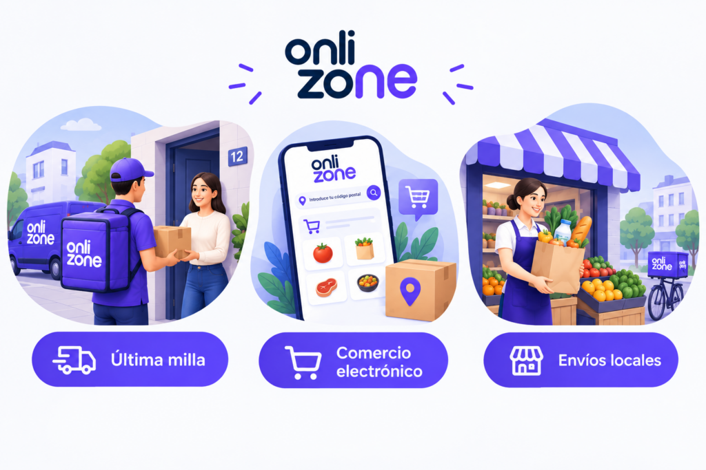 Infografía de dibujos sobre última milla, comercio electrónico y envíos locales, con logotipo de OnliZone.