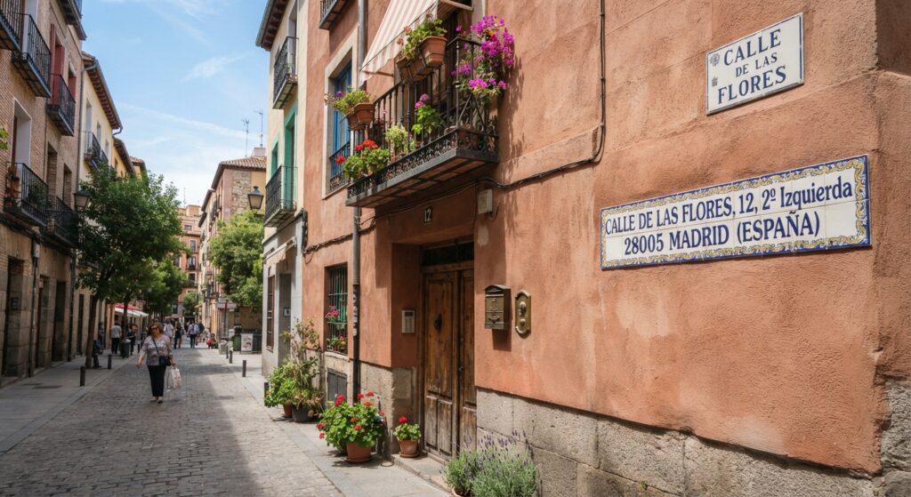 Calle urbana con plantas y balcones con flores de una dirección ficticia de Madrid.