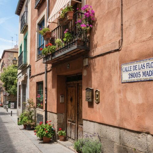 Calle urbana con plantas y balcones con flores de una dirección ficticia de Madrid.